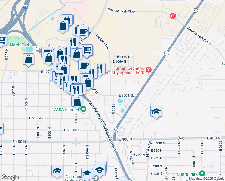 map of restaurants, bars, coffee shops, grocery stores, and more near 835 1120 East in Spanish Fork