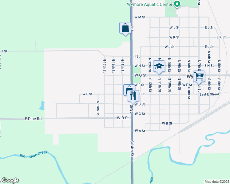 map of restaurants, bars, coffee shops, grocery stores, and more near 918 West E Street in Wymore
