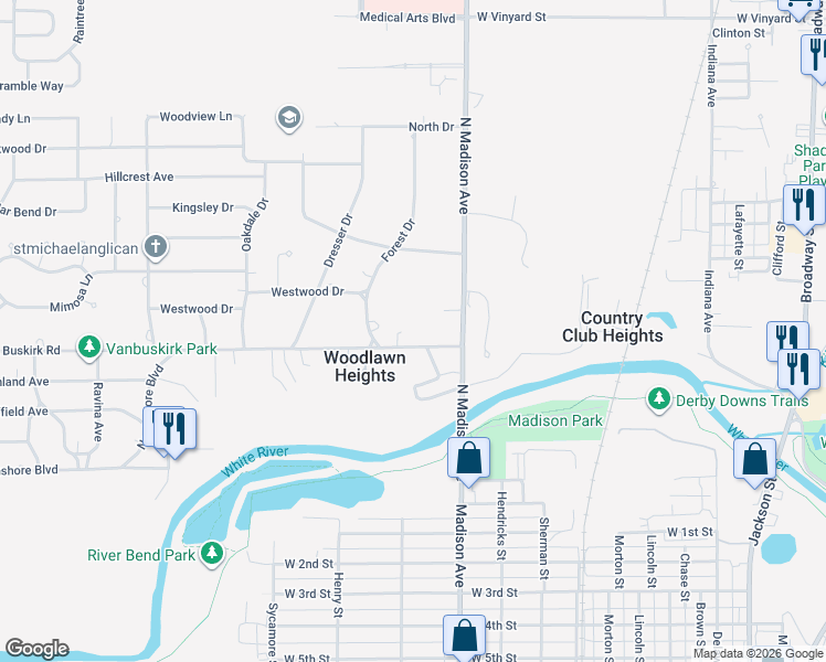 map of restaurants, bars, coffee shops, grocery stores, and more near 1200 Van Buskirk Rd in Anderson