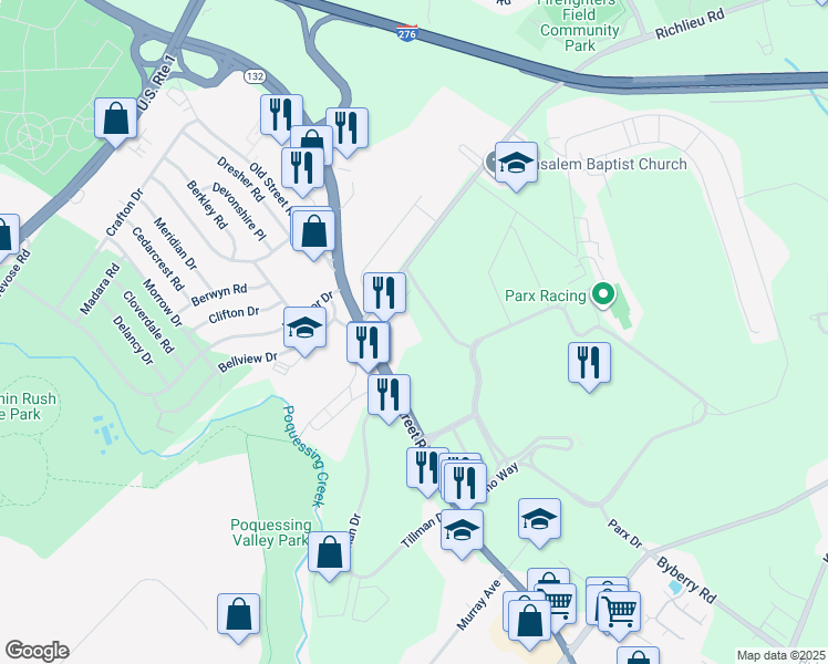map of restaurants, bars, coffee shops, grocery stores, and more near 3331 Pennsylvania 132 in Bensalem
