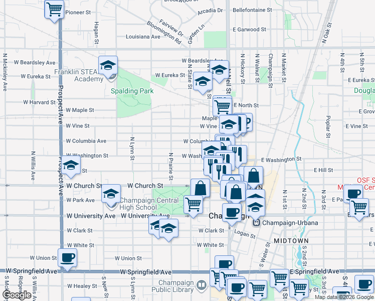 map of restaurants, bars, coffee shops, grocery stores, and more near 212 West Washington Street in Champaign