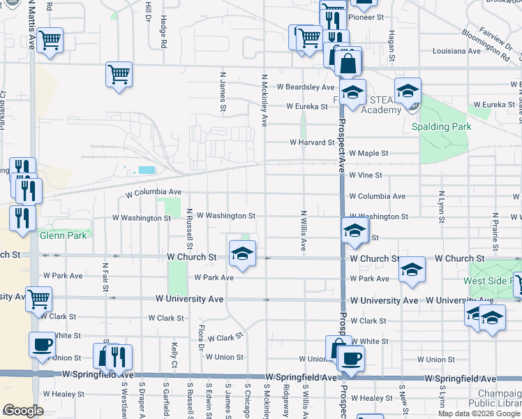 map of restaurants, bars, coffee shops, grocery stores, and more near 503 N Mckinley Ave in Champaign