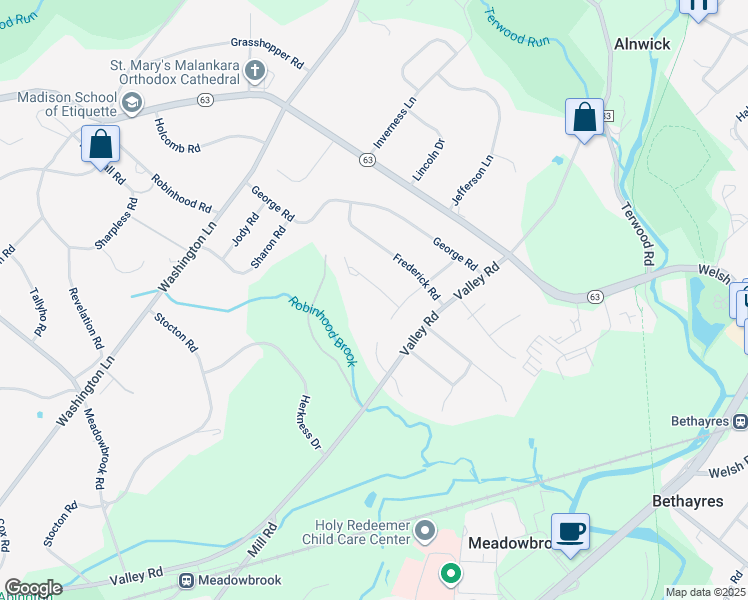 map of restaurants, bars, coffee shops, grocery stores, and more near 1040 Laurel Hill Lane in Jenkintown