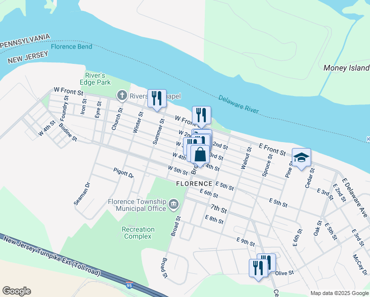 map of restaurants, bars, coffee shops, grocery stores, and more near 30 West 3rd Street in Florence