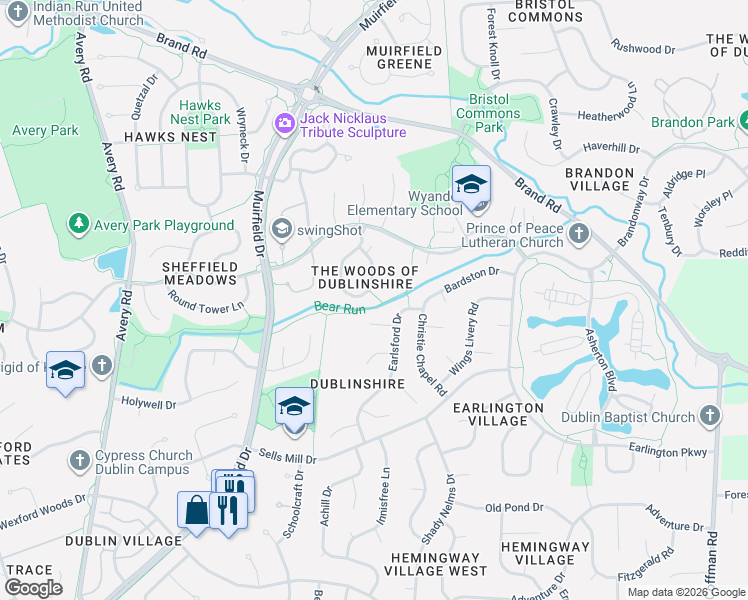 map of restaurants, bars, coffee shops, grocery stores, and more near 5536 Caplestone Ln in Dublin