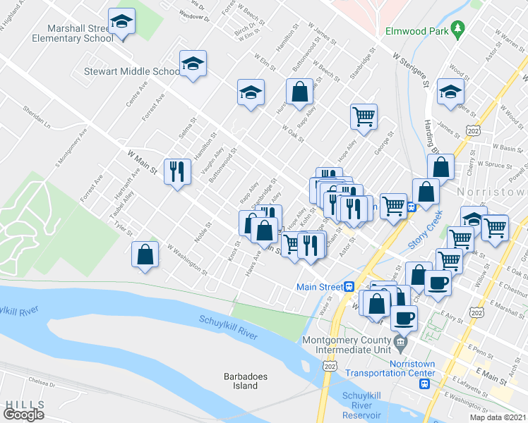 map of restaurants, bars, coffee shops, grocery stores, and more near 522 Wright Alley in Norristown
