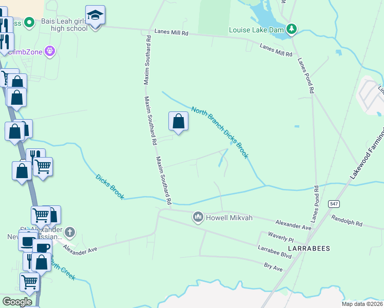 map of restaurants, bars, coffee shops, grocery stores, and more near 1054 Maxim Southard Road in Howell Township