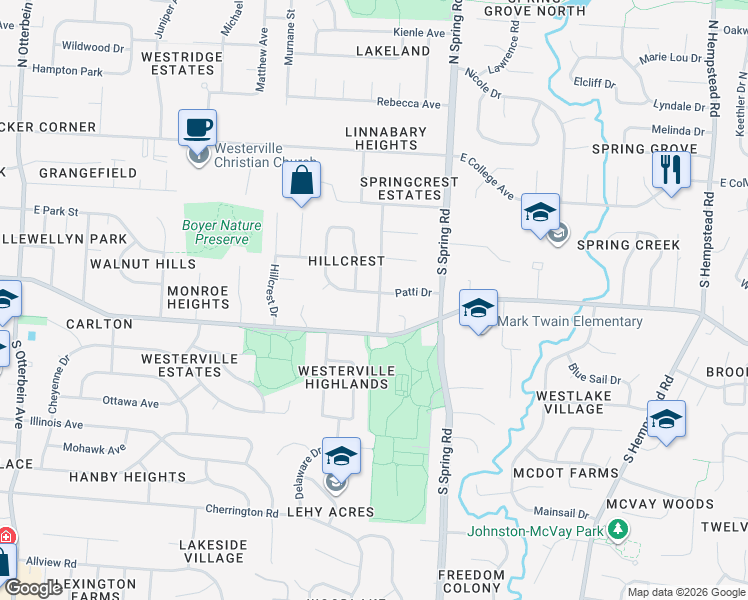 map of restaurants, bars, coffee shops, grocery stores, and more near 129 Buckeye St in Westerville