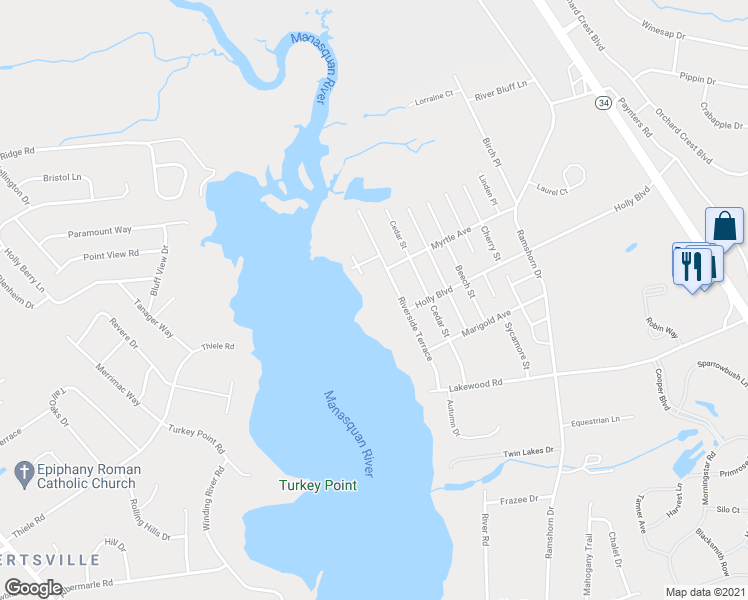 map of restaurants, bars, coffee shops, grocery stores, and more near 2407 Riverside Terrace in Manasquan
