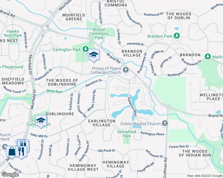 map of restaurants, bars, coffee shops, grocery stores, and more near 5489 Asherbrand Lane in Dublin