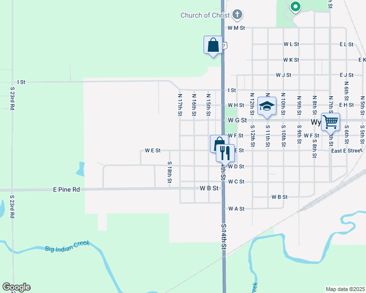 map of restaurants, bars, coffee shops, grocery stores, and more near 1020 West E Street in Wymore