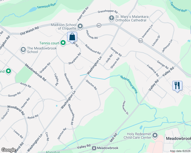 map of restaurants, bars, coffee shops, grocery stores, and more near 1751 Stocton Road in Meadowbrook