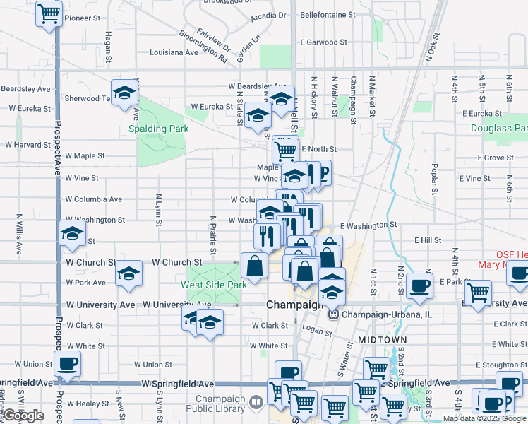map of restaurants, bars, coffee shops, grocery stores, and more near 503 North Randolph Street in Champaign