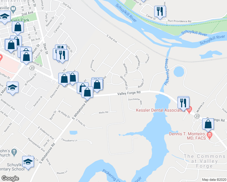map of restaurants, bars, coffee shops, grocery stores, and more near 913 Valley Forge Road in Phoenixville