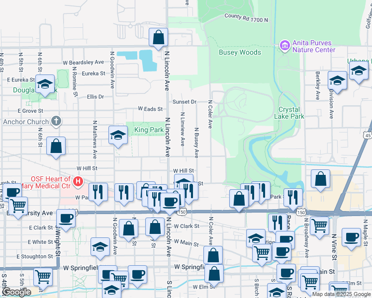 map of restaurants, bars, coffee shops, grocery stores, and more near 904 North Linview Avenue in Urbana
