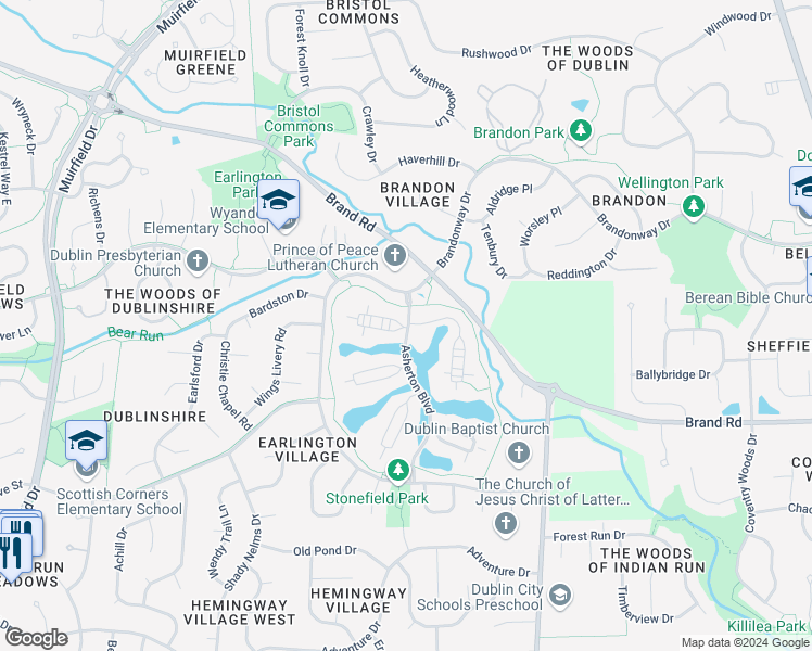 map of restaurants, bars, coffee shops, grocery stores, and more near 5403 Asherbrand Lane in Dublin