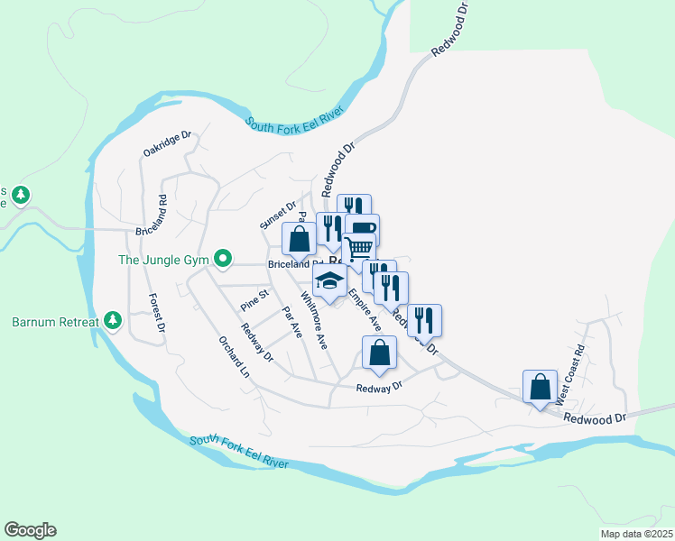 map of restaurants, bars, coffee shops, grocery stores, and more near 52 Briceland Thorn Rd in Redway