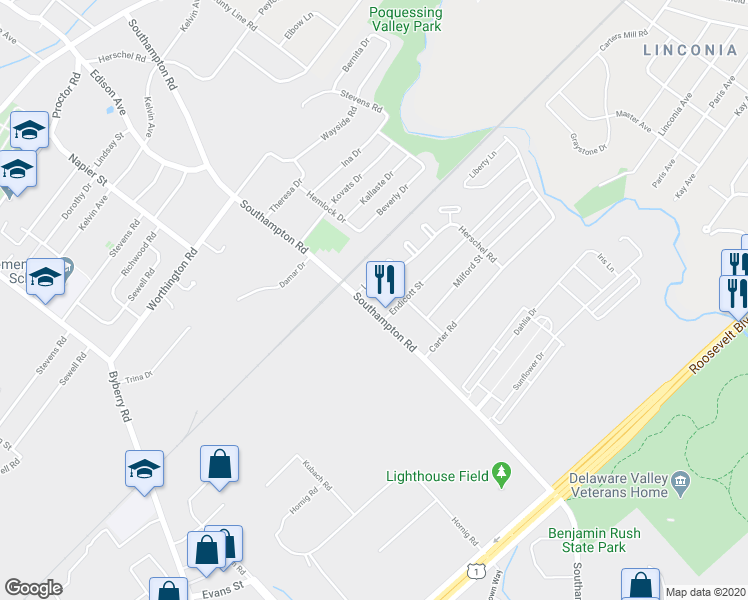 map of restaurants, bars, coffee shops, grocery stores, and more near 1417 Southampton Road in Philadelphia