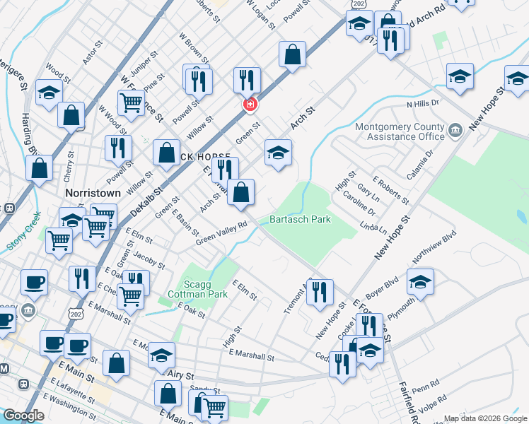map of restaurants, bars, coffee shops, grocery stores, and more near 417 East Fornance Street in Norristown