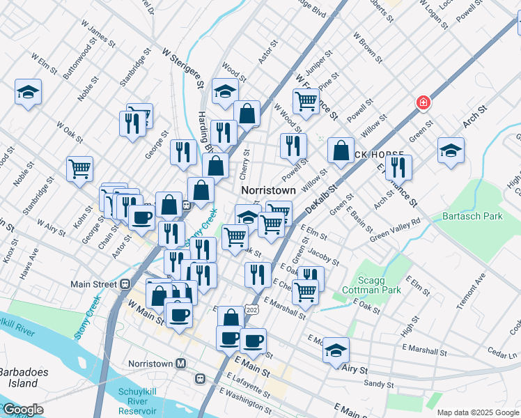 map of restaurants, bars, coffee shops, grocery stores, and more near in Norristown