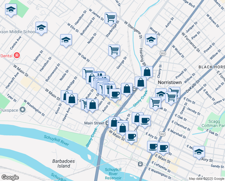 map of restaurants, bars, coffee shops, grocery stores, and more near 631 Astor Street in Norristown