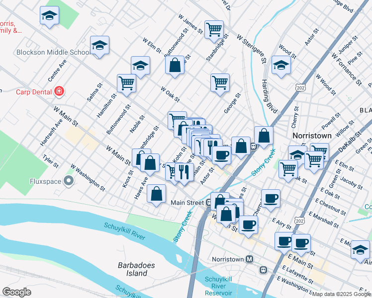 map of restaurants, bars, coffee shops, grocery stores, and more near 560 Kohn Street in Norristown