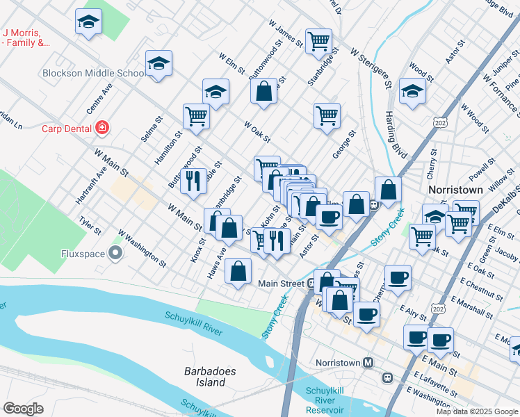 map of restaurants, bars, coffee shops, grocery stores, and more near 524 Haws Avenue in Norristown