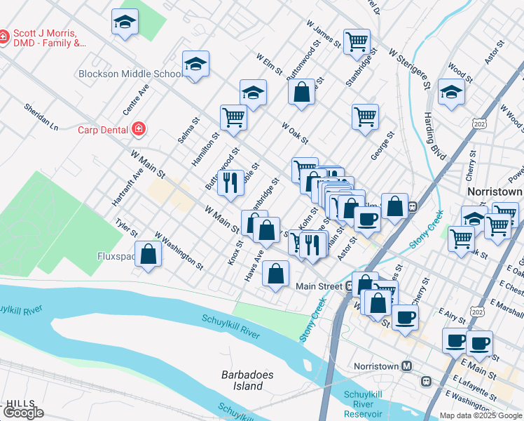 map of restaurants, bars, coffee shops, grocery stores, and more near 522 Wright Alley in Norristown
