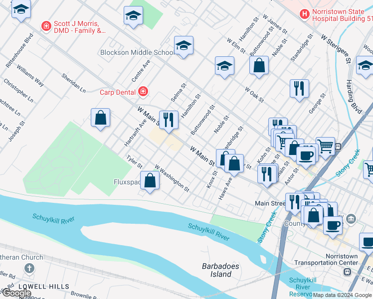 map of restaurants, bars, coffee shops, grocery stores, and more near 324 Buttonwood Street in Norristown