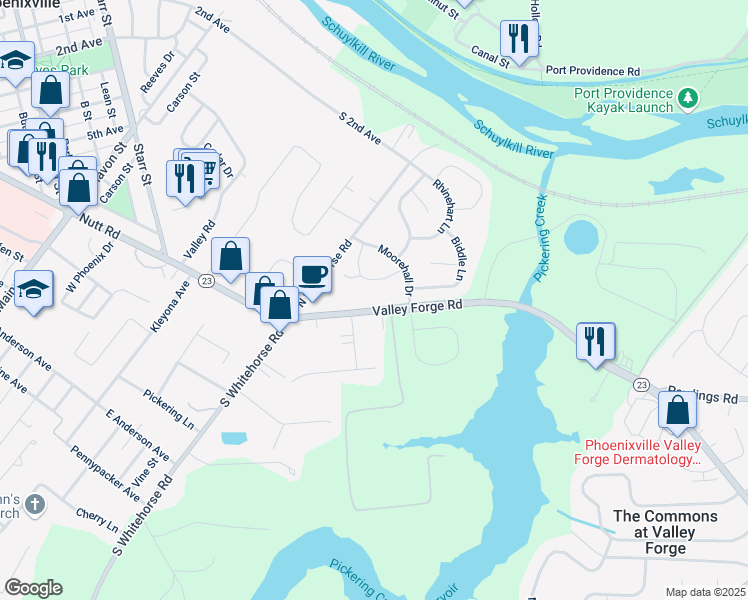 map of restaurants, bars, coffee shops, grocery stores, and more near in Valley Forge
