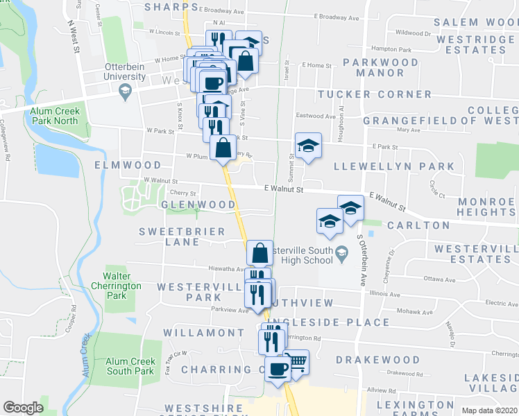 map of restaurants, bars, coffee shops, grocery stores, and more near 200 South State Street in Westerville
