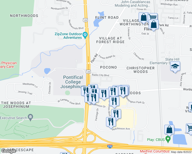 map of restaurants, bars, coffee shops, grocery stores, and more near 143 Radio City Boulevard in Columbus
