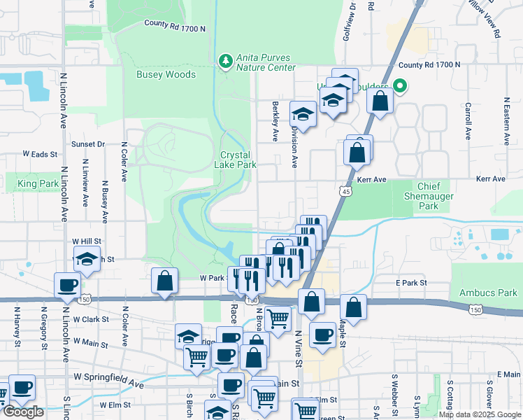 map of restaurants, bars, coffee shops, grocery stores, and more near 904 North Broadway Avenue in Urbana
