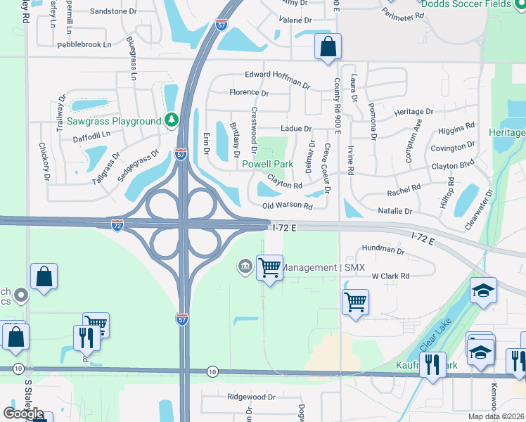 map of restaurants, bars, coffee shops, grocery stores, and more near 3305 Old Warson Road in Champaign