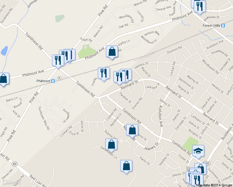 map of restaurants, bars, coffee shops, grocery stores, and more near 11013 Rennard Street in Philadelphia