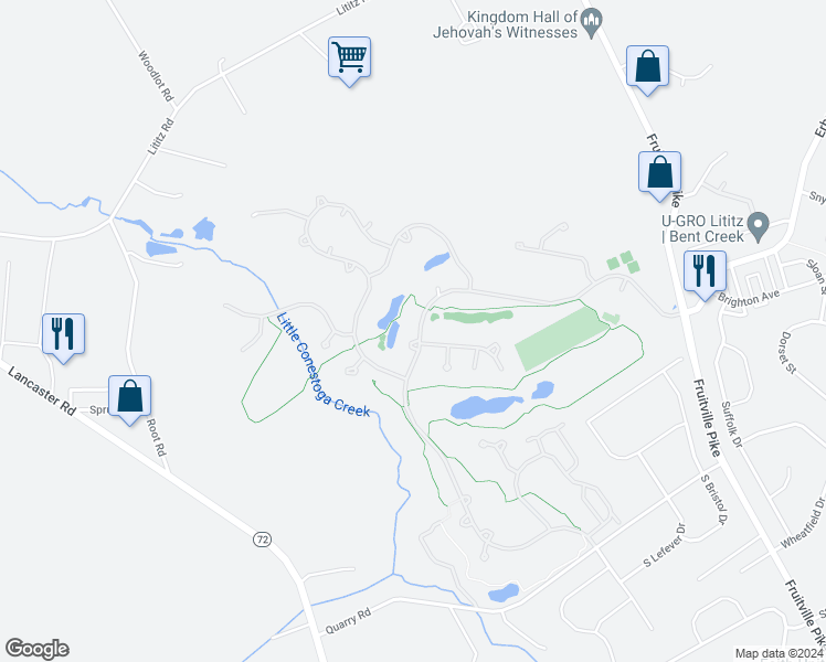 map of restaurants, bars, coffee shops, grocery stores, and more near 737 Bent Creek Drive in Lititz