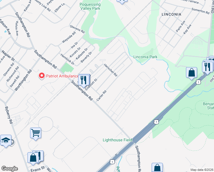 map of restaurants, bars, coffee shops, grocery stores, and more near 15025 Milford Street in Philadelphia