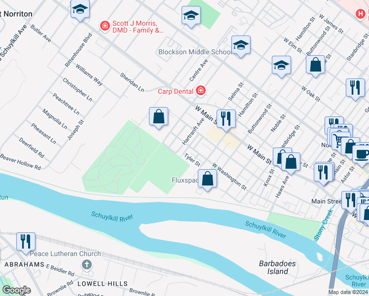 map of restaurants, bars, coffee shops, grocery stores, and more near 30 Hartranft Avenue in Norristown