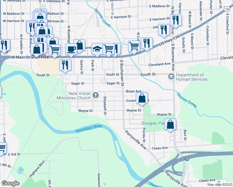 map of restaurants, bars, coffee shops, grocery stores, and more near 620 Commercial Street in Danville