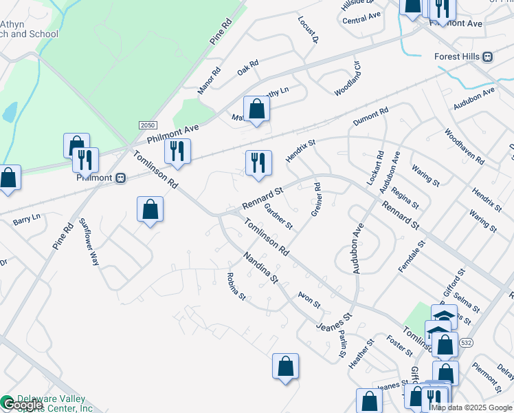 map of restaurants, bars, coffee shops, grocery stores, and more near 11013 Rennard Street in Philadelphia