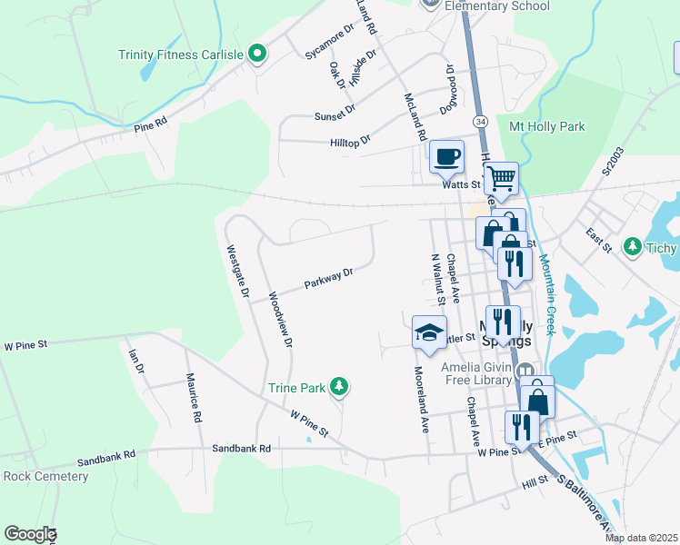 map of restaurants, bars, coffee shops, grocery stores, and more near 221 Parkway Drive in Mount Holly Springs