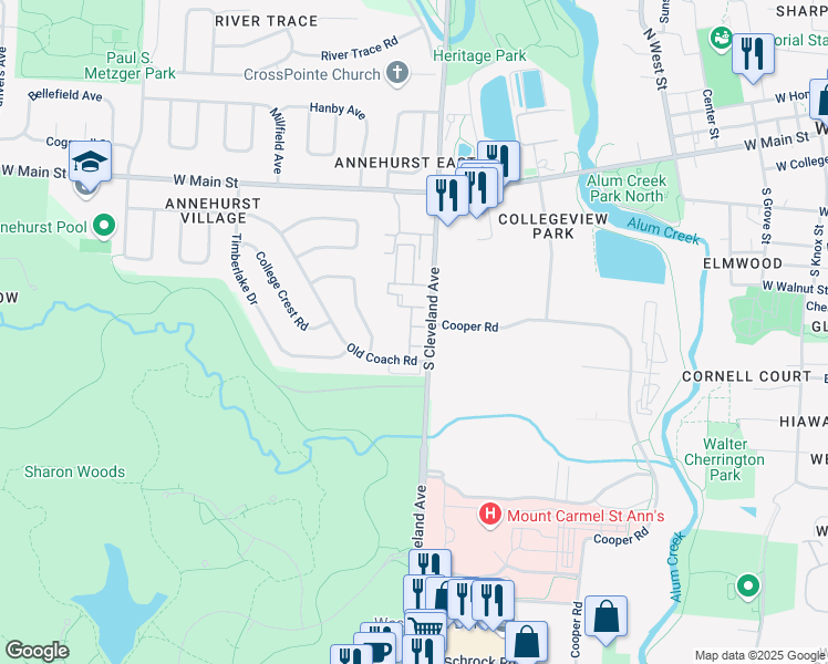 map of restaurants, bars, coffee shops, grocery stores, and more near 162 Brandywine Drive in Westerville