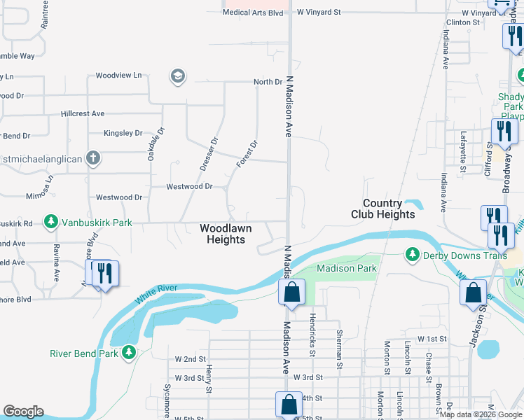 map of restaurants, bars, coffee shops, grocery stores, and more near 1200 Van Buskirk Road in Anderson