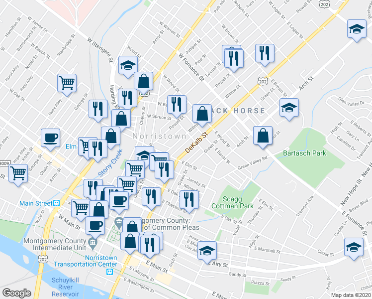 map of restaurants, bars, coffee shops, grocery stores, and more near 1023 U.S. 202 in Norristown