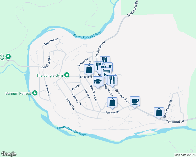 map of restaurants, bars, coffee shops, grocery stores, and more near 52 Briceland Thorn Rd in Redway