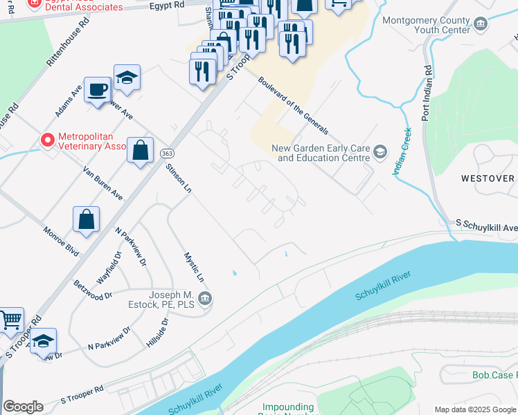 map of restaurants, bars, coffee shops, grocery stores, and more near 1803 Harrison Court in Eagleville