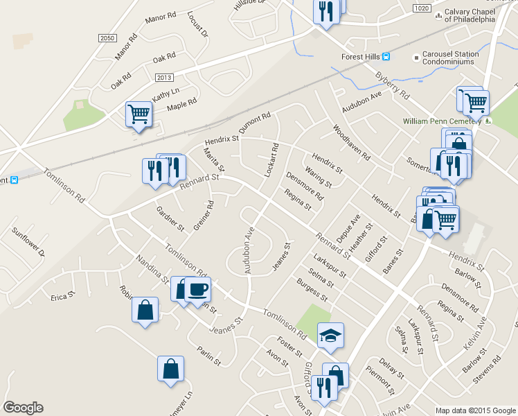 map of restaurants, bars, coffee shops, grocery stores, and more near 11302 Audubon Avenue in Philadelphia