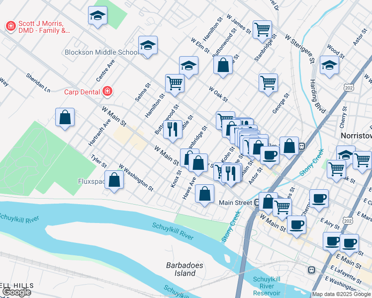 map of restaurants, bars, coffee shops, grocery stores, and more near 507 Stanbridge Street in Norristown