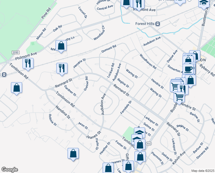 map of restaurants, bars, coffee shops, grocery stores, and more near 11302 Audubon Avenue in Philadelphia