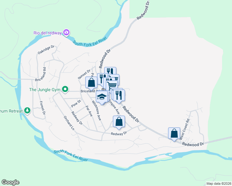 map of restaurants, bars, coffee shops, grocery stores, and more near in Redway